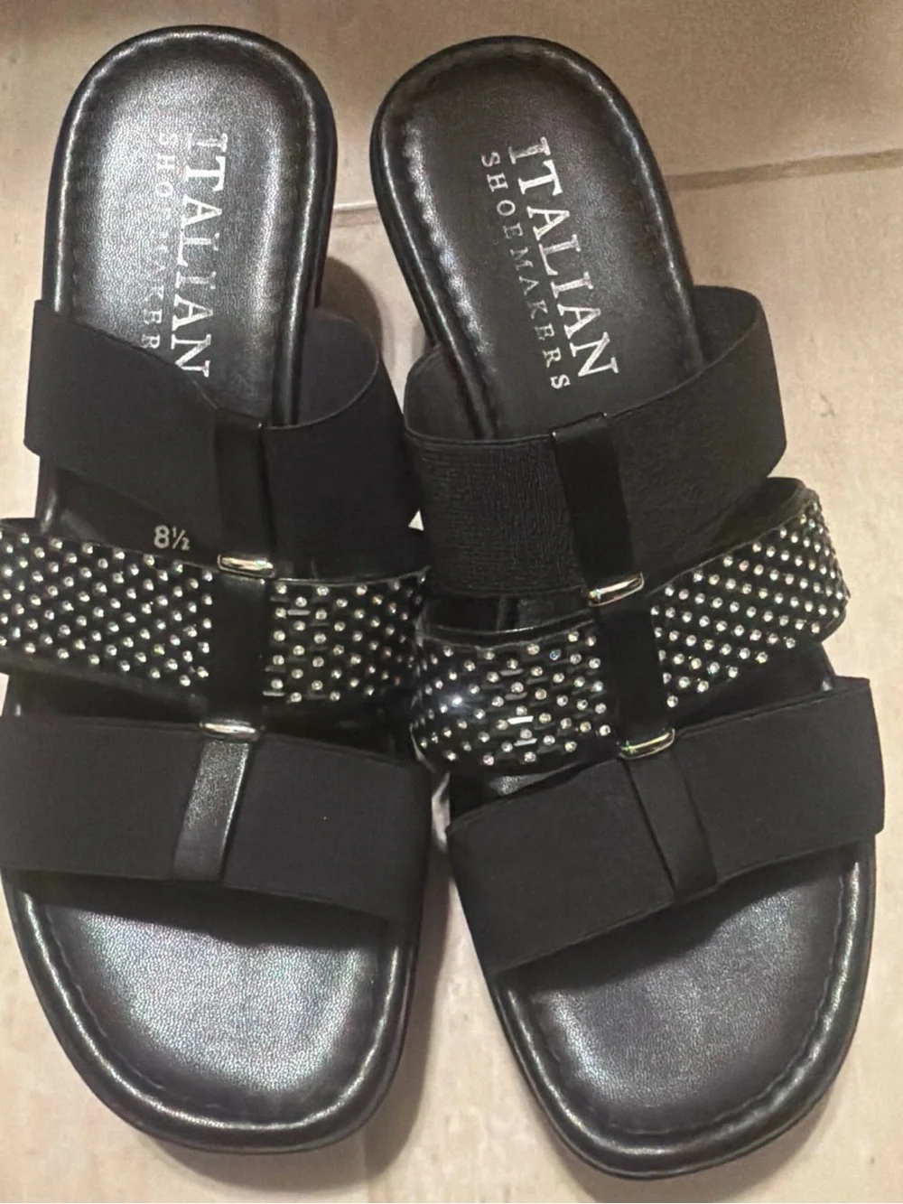 Italian Shoemakers Muse Black Wedge Slide Sandals Bling Size 8.5 EUC